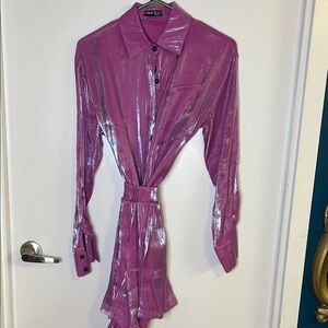 Purple/Blue Iridescent Button-Up Blouse + Matching Shorts Set (SHEIN)